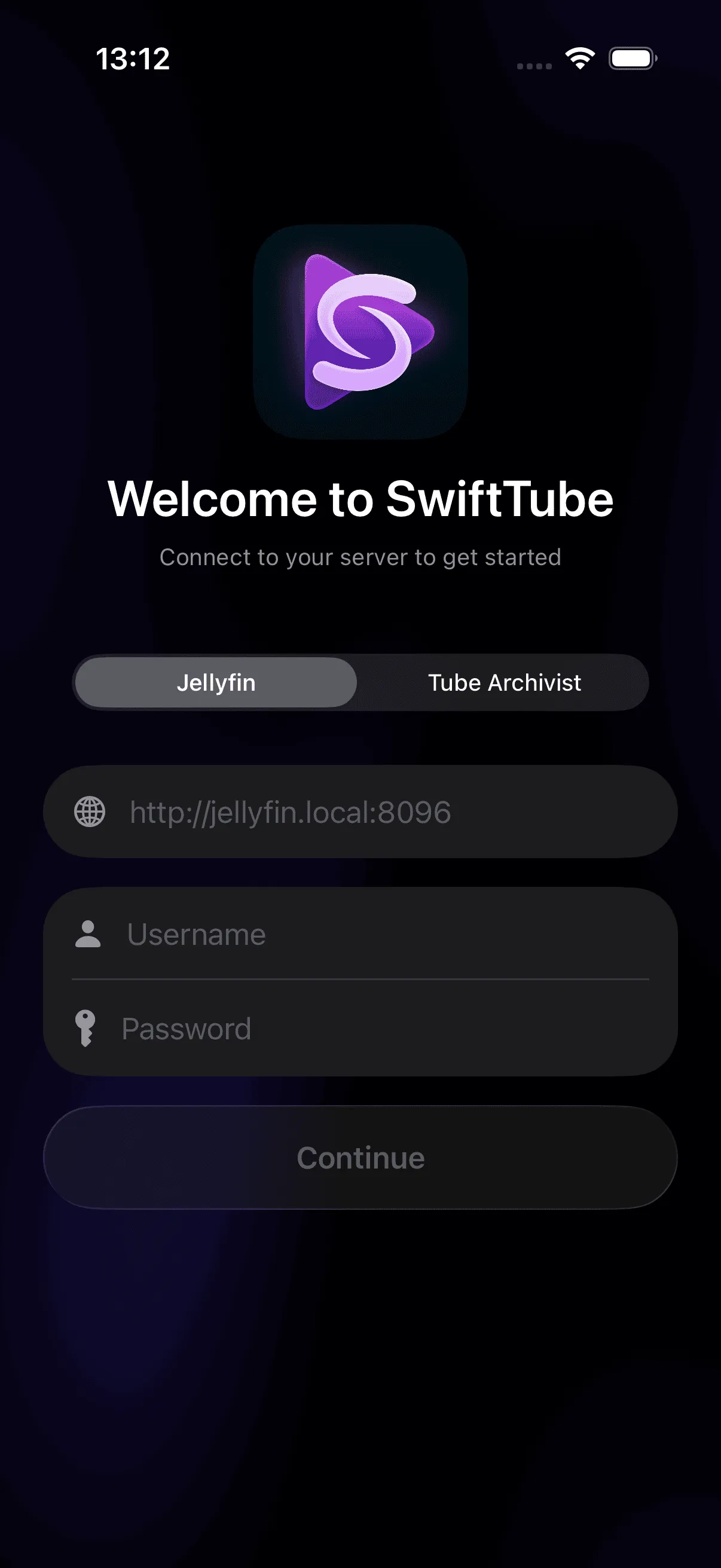 Onboarding screen with backend picker and server URL input